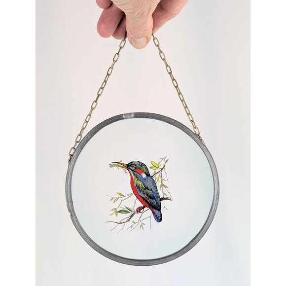 Vintage 1980s Kingfisher Bird Glass Sun Catcher Round Clear Glass Light Catcher - Picture 3 of 8